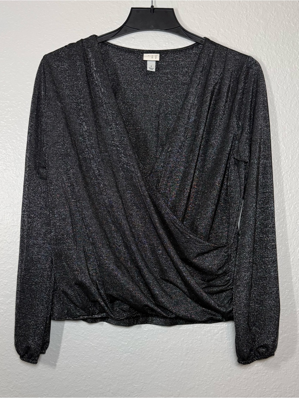 A New Day Metallic Surplice Long Sleeve Blouse Black Shimmer Women's Size S
